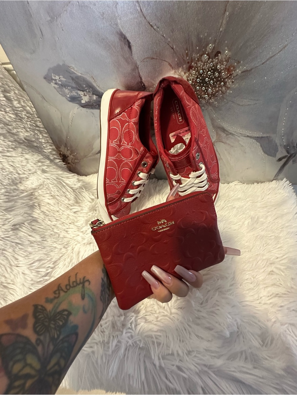 Coach Red Embossed Signature Leather Wristlet
